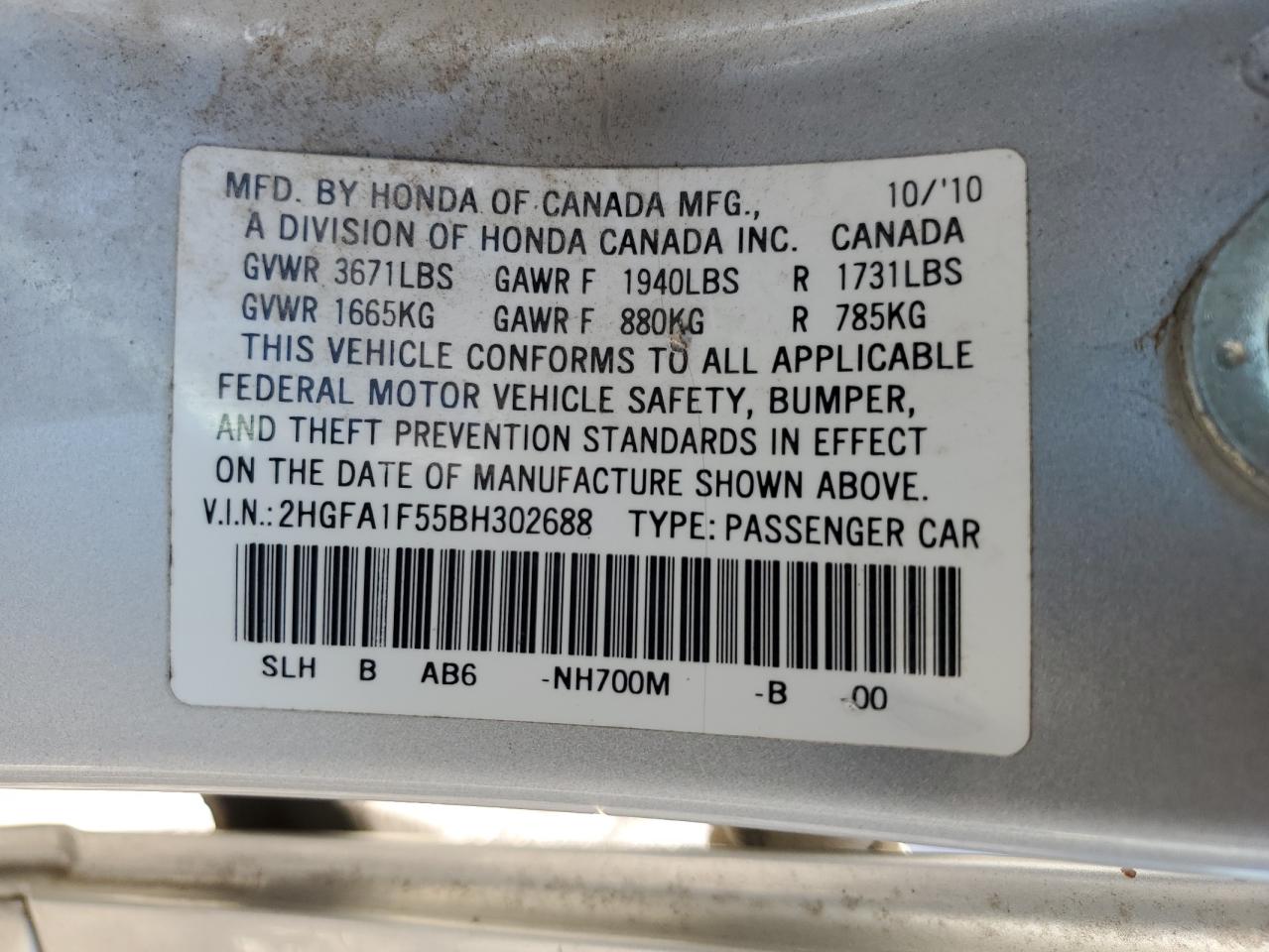 2HGFA1F55BH302688 2011 Honda Civic Lx 2HGFA1F55BH302688 2011 Honda Civic Lx