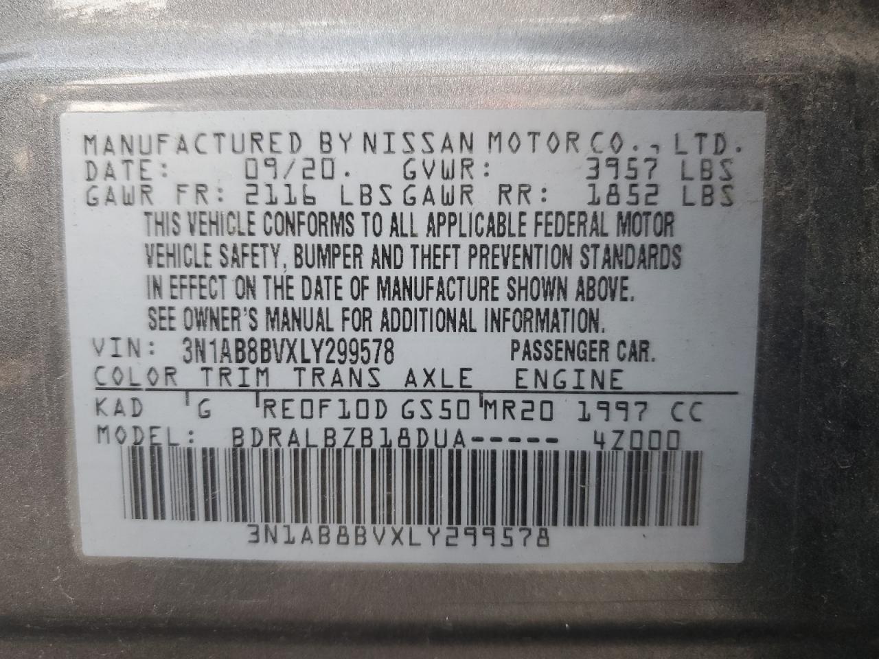 3N1AB8BVXLY299578 2020 Nissan Sentra S