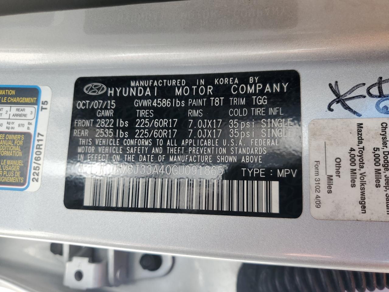 KM8J33A40GU091865 2016 Hyundai Tucson Limited