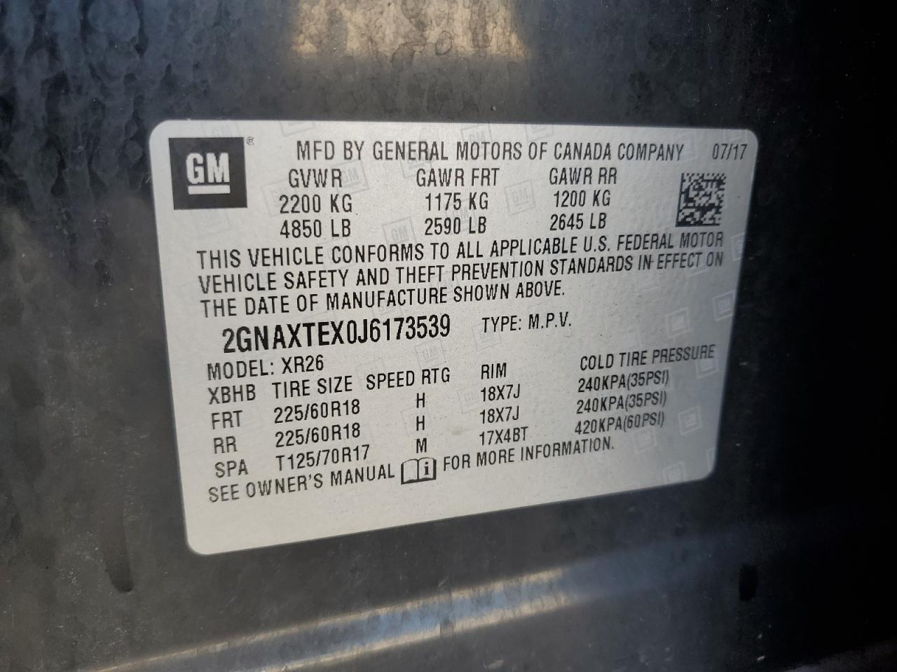 2GNAXTEX0J6173539 2018 Chevrolet Equinox Lt