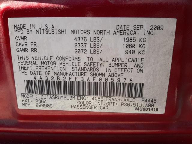 2010 Mitsubishi Galant Fe VIN: 4A32B2FF3AE005978 Lot: 55431534