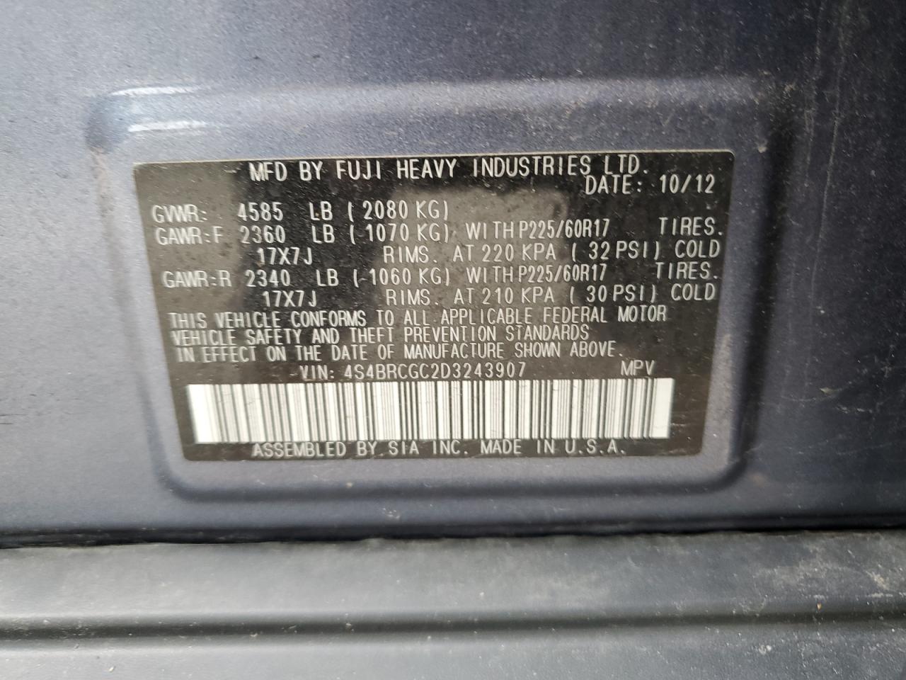 4S4BRCGC2D3243907 2013 Subaru Outback 2.5I Premium