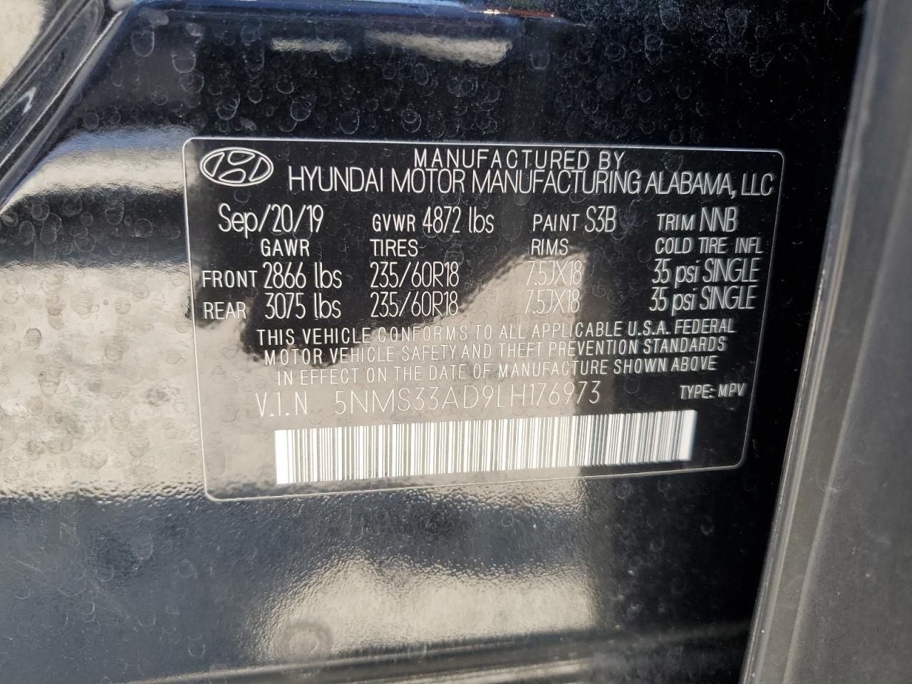 5NMS33AD9LH176973 2020 Hyundai Santa Fe Sel