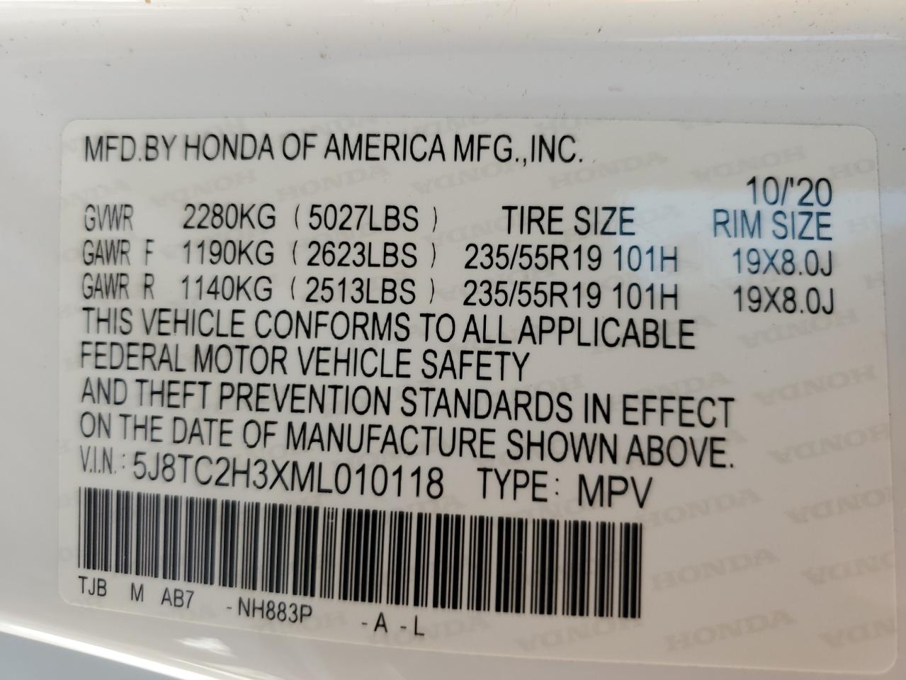5J8TC2H3XML010118 2021 Acura Rdx