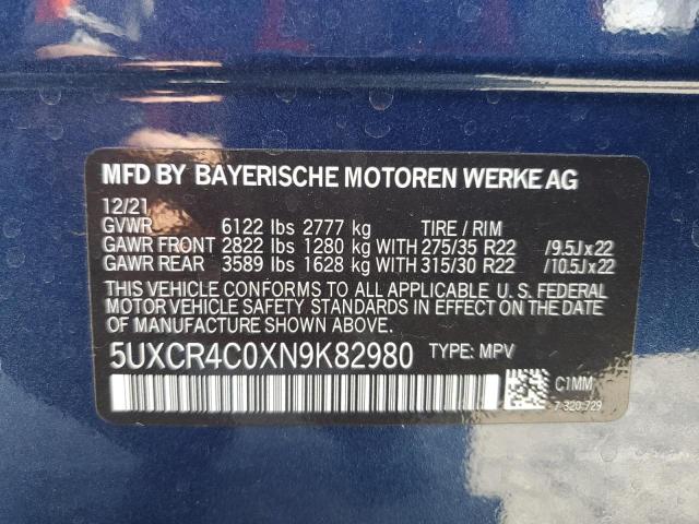 VIN 5UXCR4C0XN9K82980 2022 BMW X5, Sdrive 40I no.14