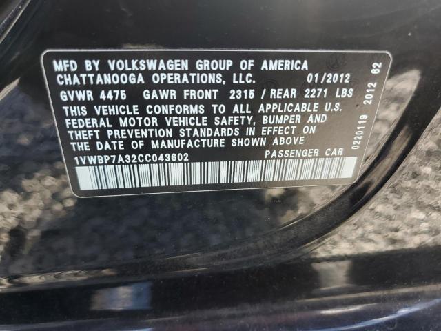 2012 Volkswagen Passat Se VIN: 1VWBP7A32CC043602 Lot: 62416004