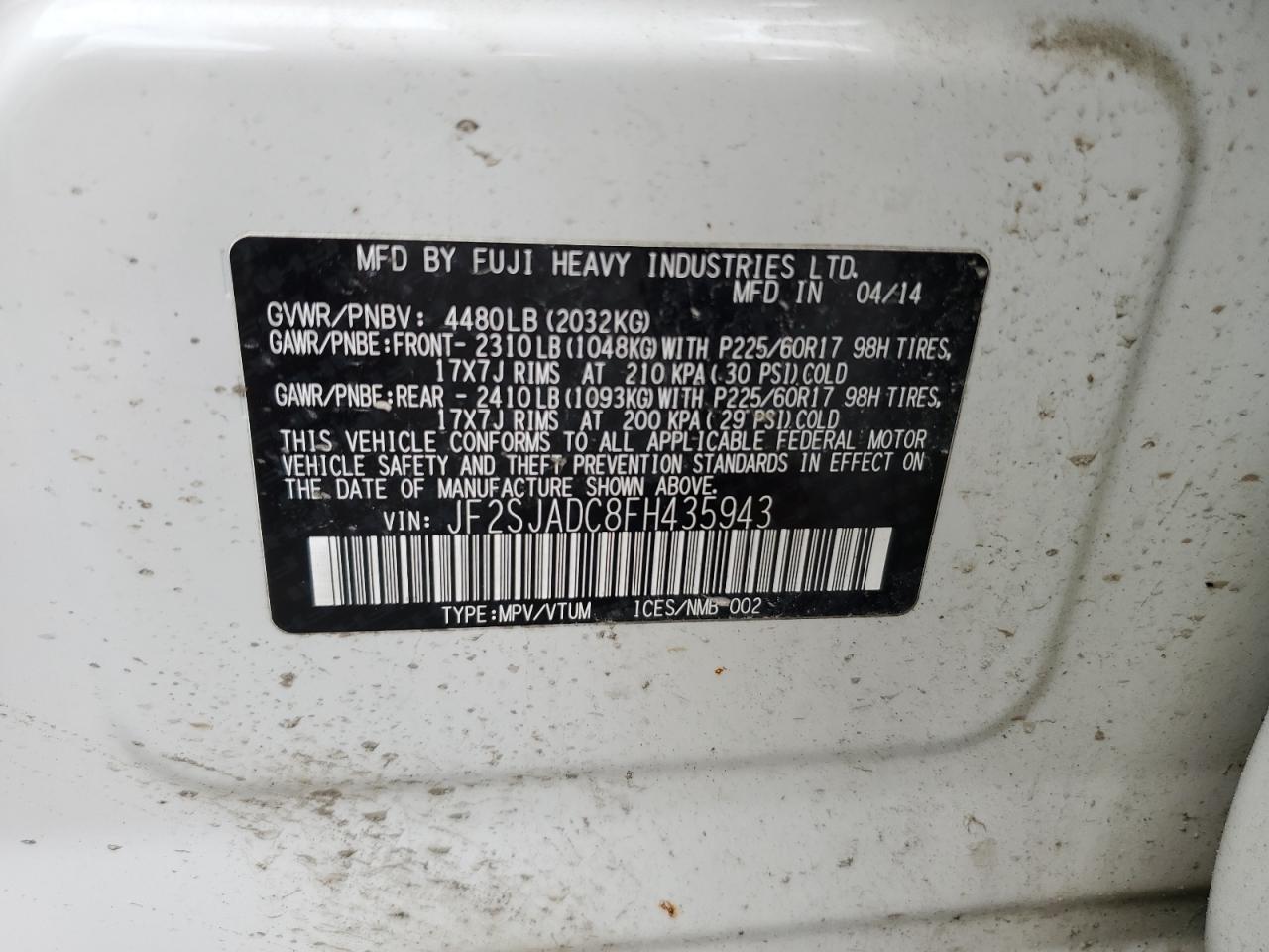 JF2SJADC8FH435943 2015 Subaru Forester 2.5I Premium