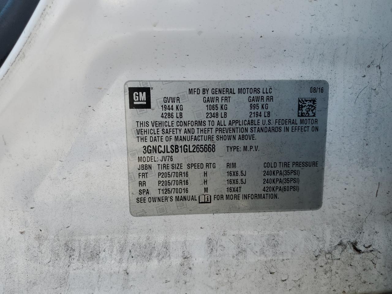 3GNCJLSB1GL265668 2016 Chevrolet Trax 1Lt