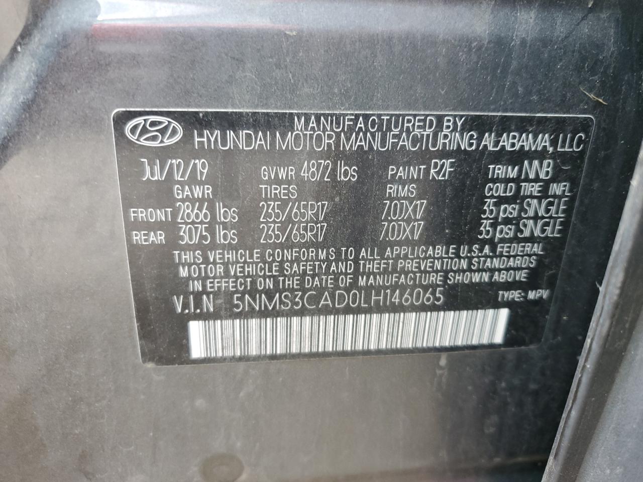 5NMS3CAD0LH146065 2020 Hyundai Santa Fe Sel