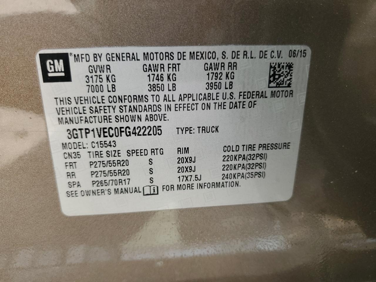 3GTP1VEC0FG422205 2015 GMC Sierra C1500 Slt