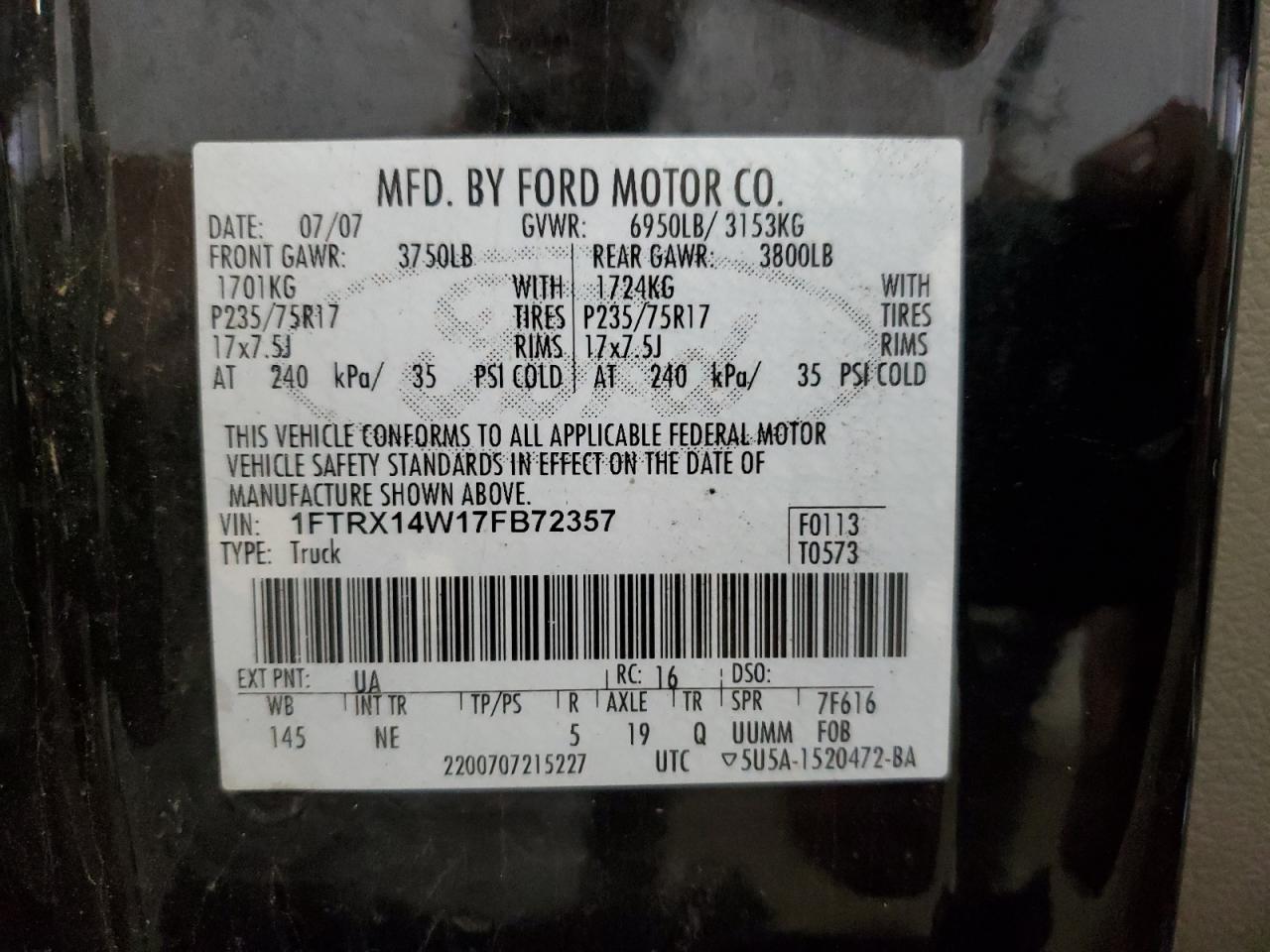 1FTRX14W17FB72357 2007 Ford F150