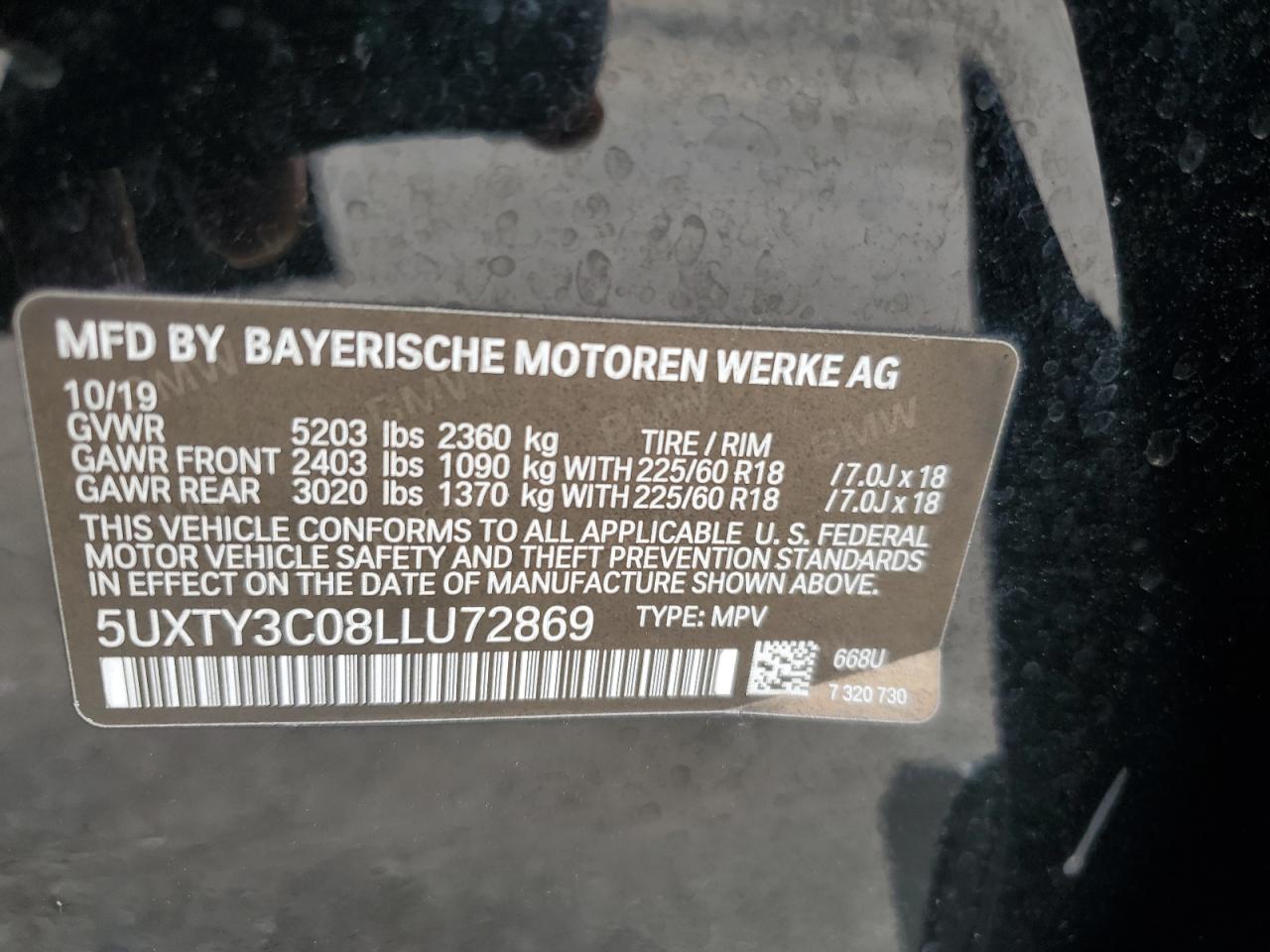 5UXTY3C08LLU72869 2020 BMW X3 Sdrive30I