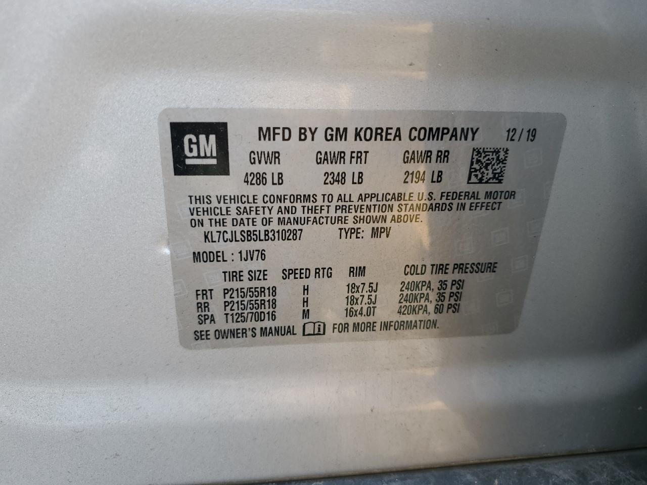 KL7CJLSB5LB310287 2020 Chevrolet Trax 1Lt