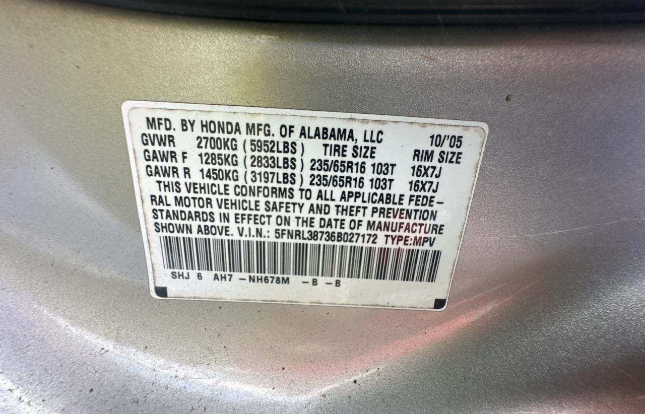 5FNRL38736B027172 2006 Honda Odyssey Exl