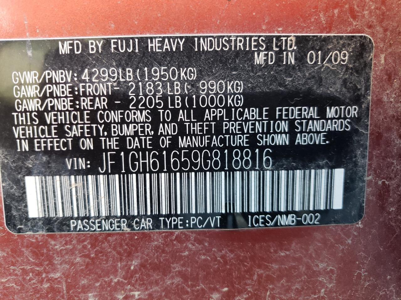 JF1GH61659G818816 2009 Subaru Impreza 2.5I