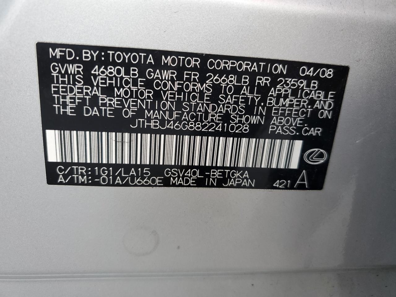 JTHBJ46G882241028 2008 Lexus Es 350