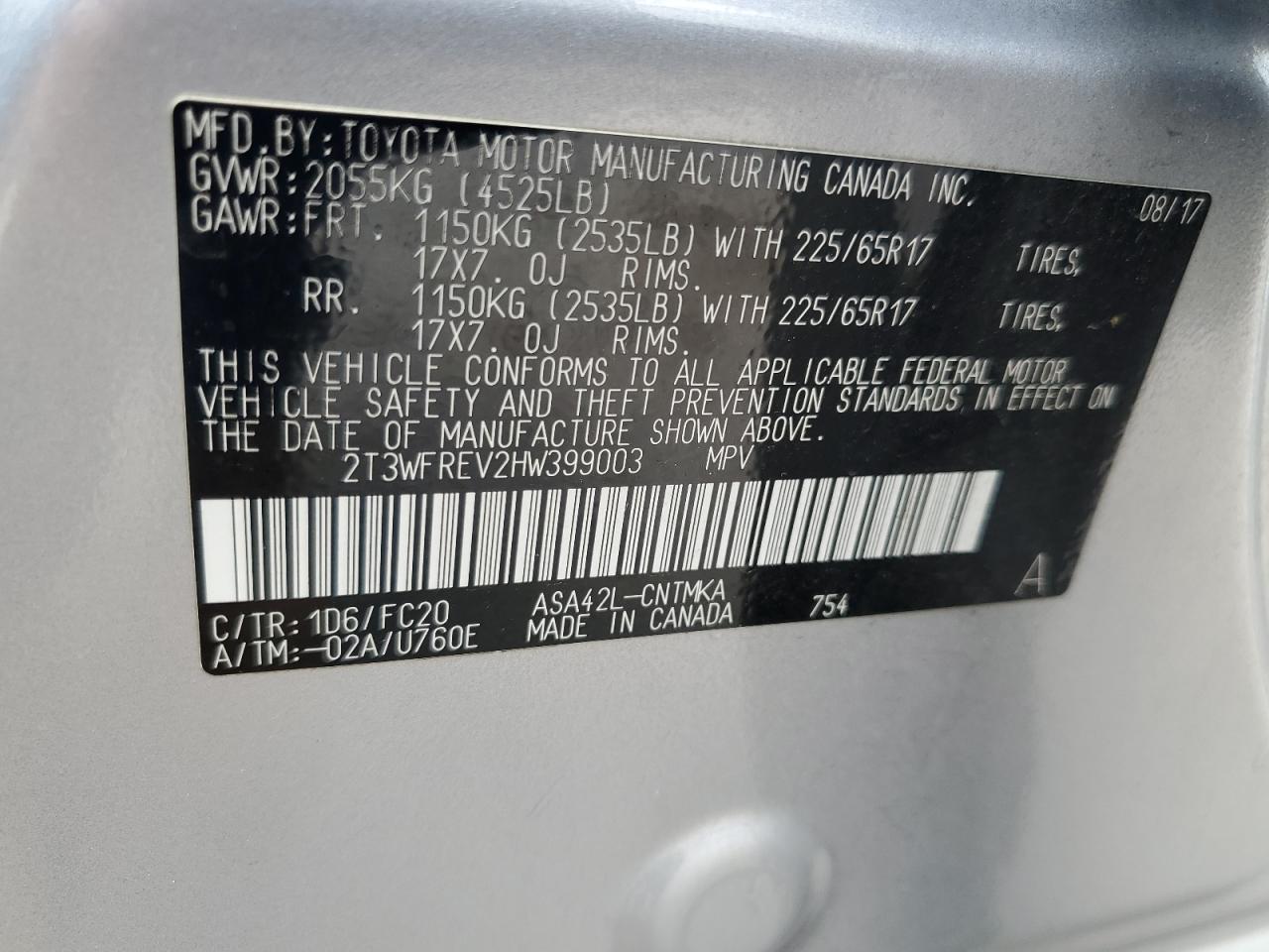 2T3WFREV2HW399003 2017 Toyota Rav4 Xle