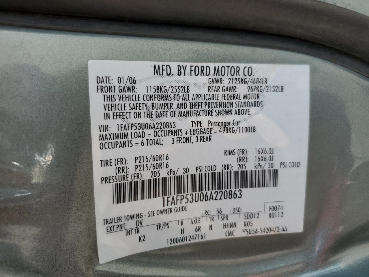 1FAFP53U06A220863 2006 Ford Taurus Se