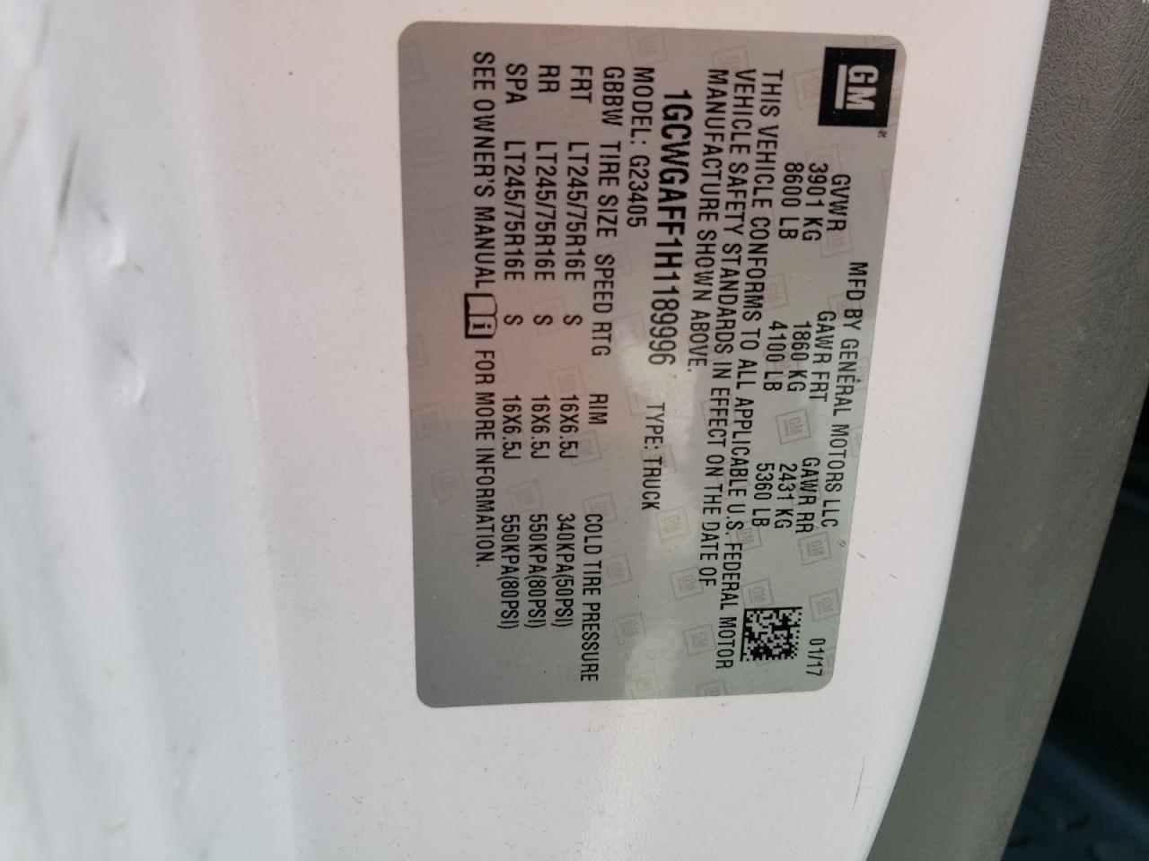 1GCWGAFF1H1189996 2017 Chevrolet Express G2500