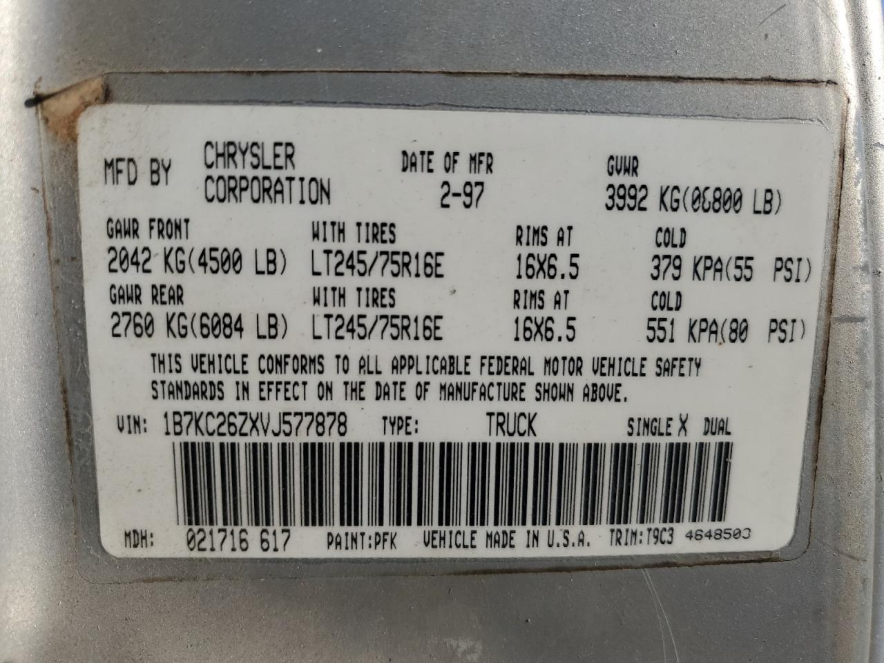 1B7KC26ZXVJ577878 1997 Dodge Ram 2500