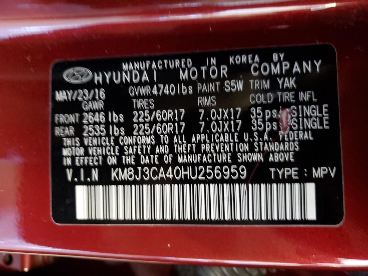 KM8J3CA40HU256959 2017 Hyundai Tucson Limited