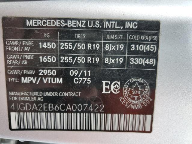 2012 Mercedes-Benz Ml 350 Bluetec VIN: 4JGDA2EB6CA007422 Lot: 61125314