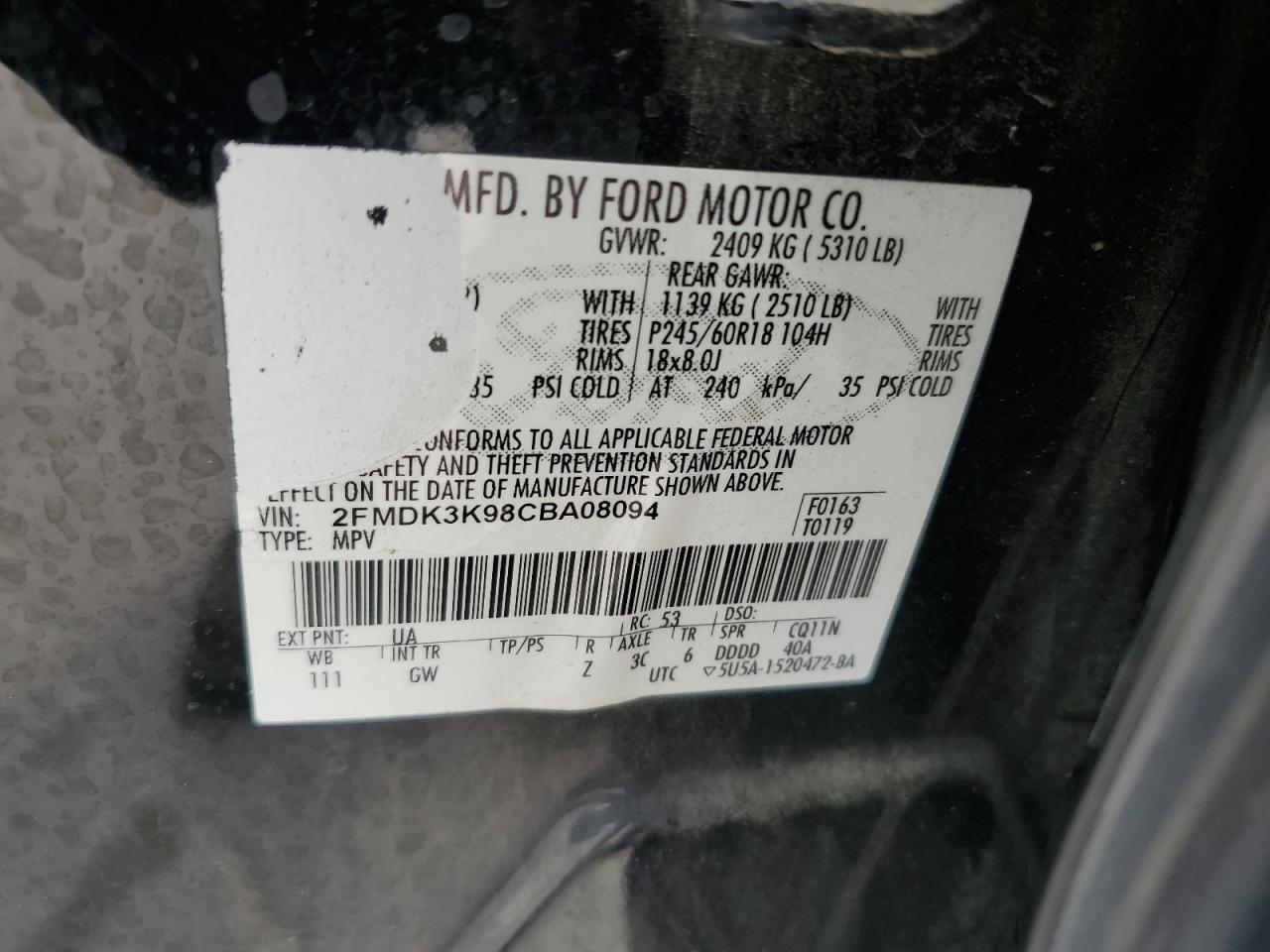 2FMDK3K98CBA08094 2012 Ford Edge Limited