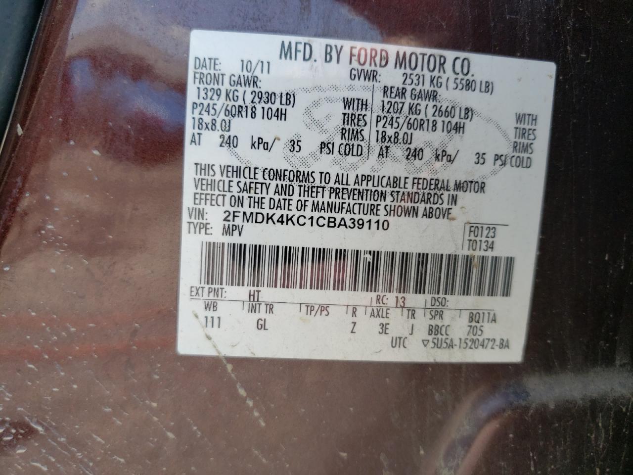 2FMDK4KC1CBA39110 2012 Ford Edge Limited