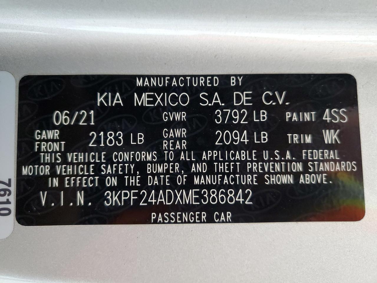 3KPF24ADXME386842 2021 Kia Forte Fe