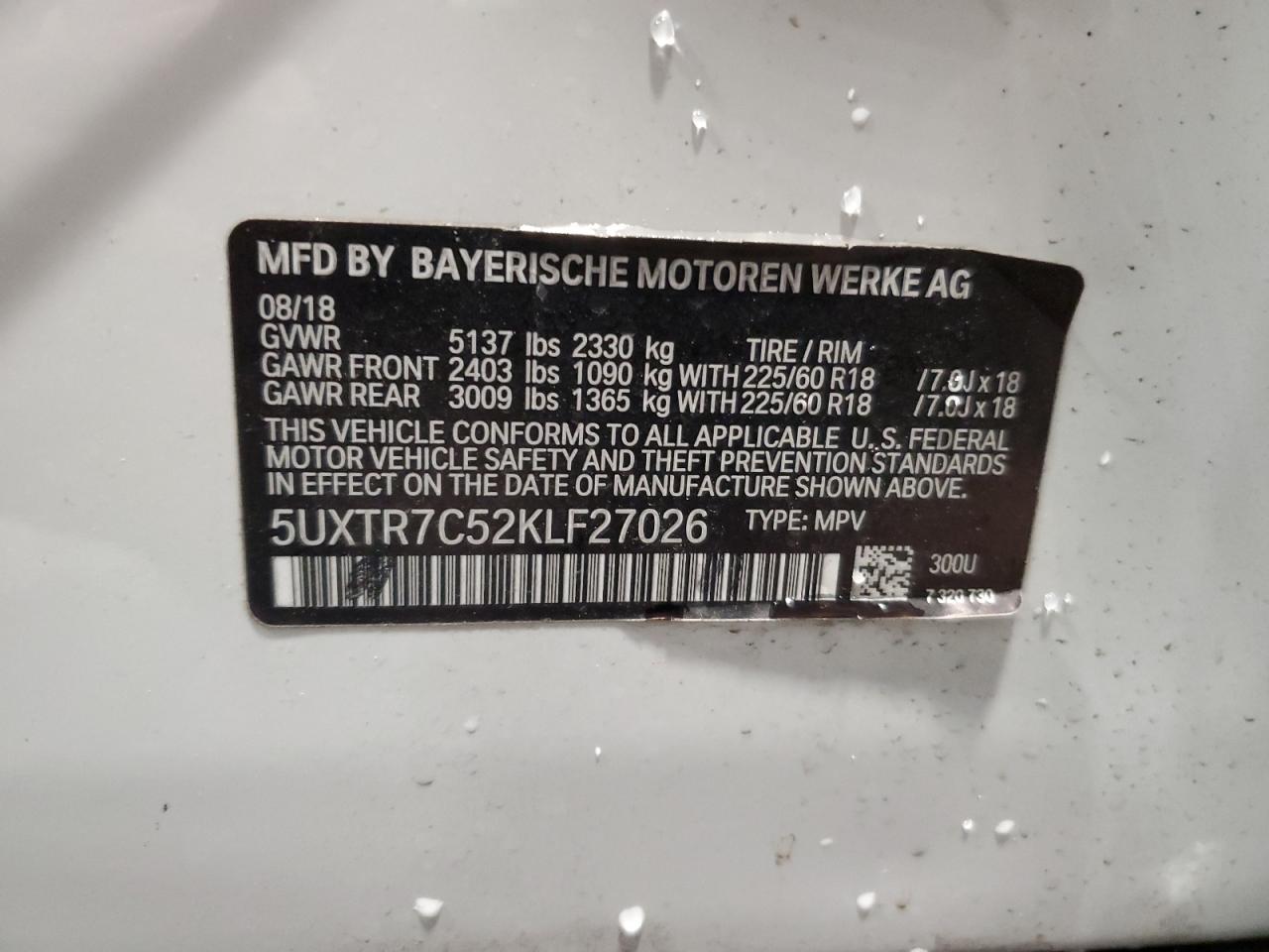 5UXTR7C52KLF27026 2019 BMW X3 Sdrive30I