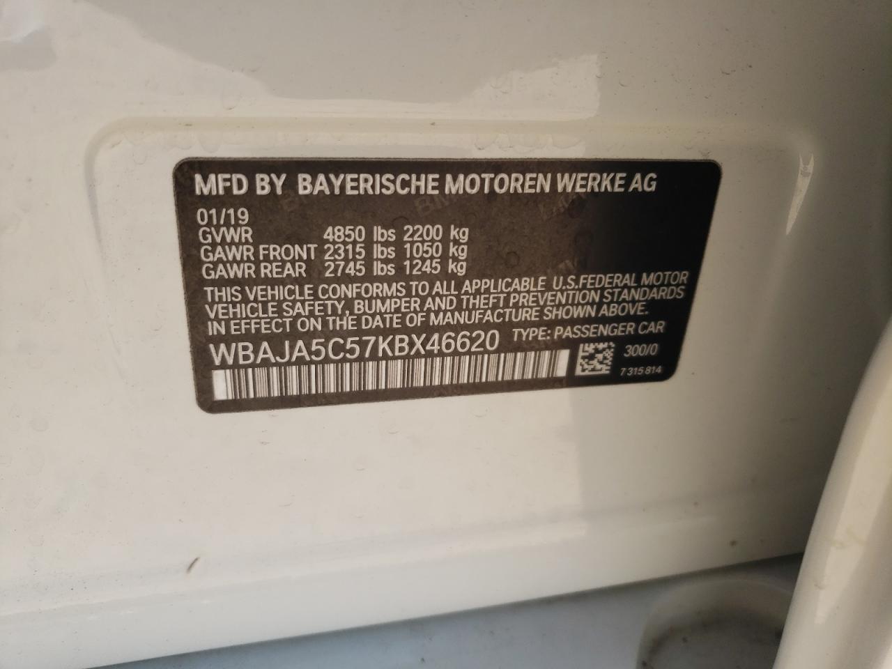 WBAJA5C57KBX46620 2019 BMW 530 I