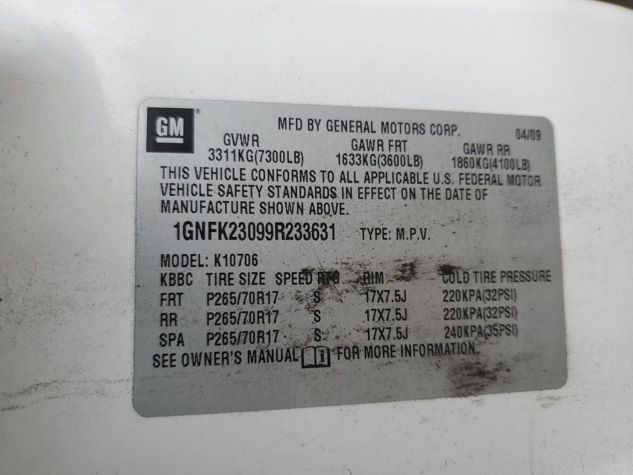 1GNFK23099R233631 2009 Chevrolet Tahoe K1500 Lt