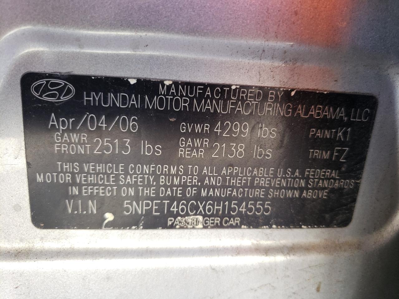 5NPET46CX6H154555 2006 Hyundai Sonata Gl