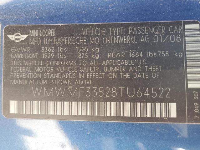 2008 Mini Cooper VIN: WMWMF33528TU64522 Lot: 61549764