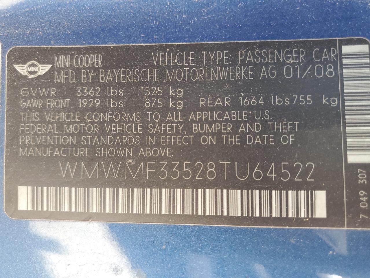 WMWMF33528TU64522 2008 Mini Cooper
