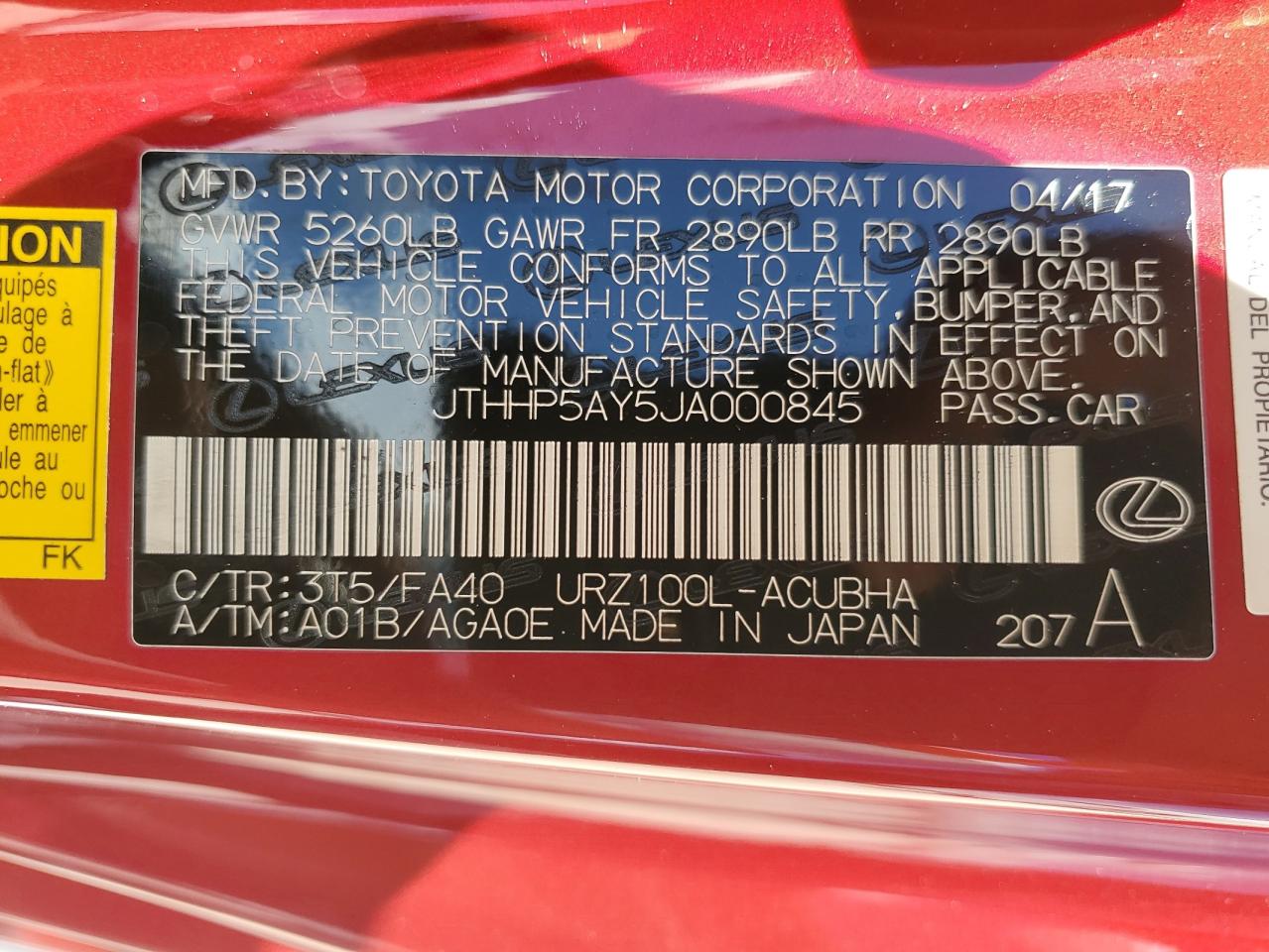 JTHHP5AY5JA000845 2018 Lexus Lc 500