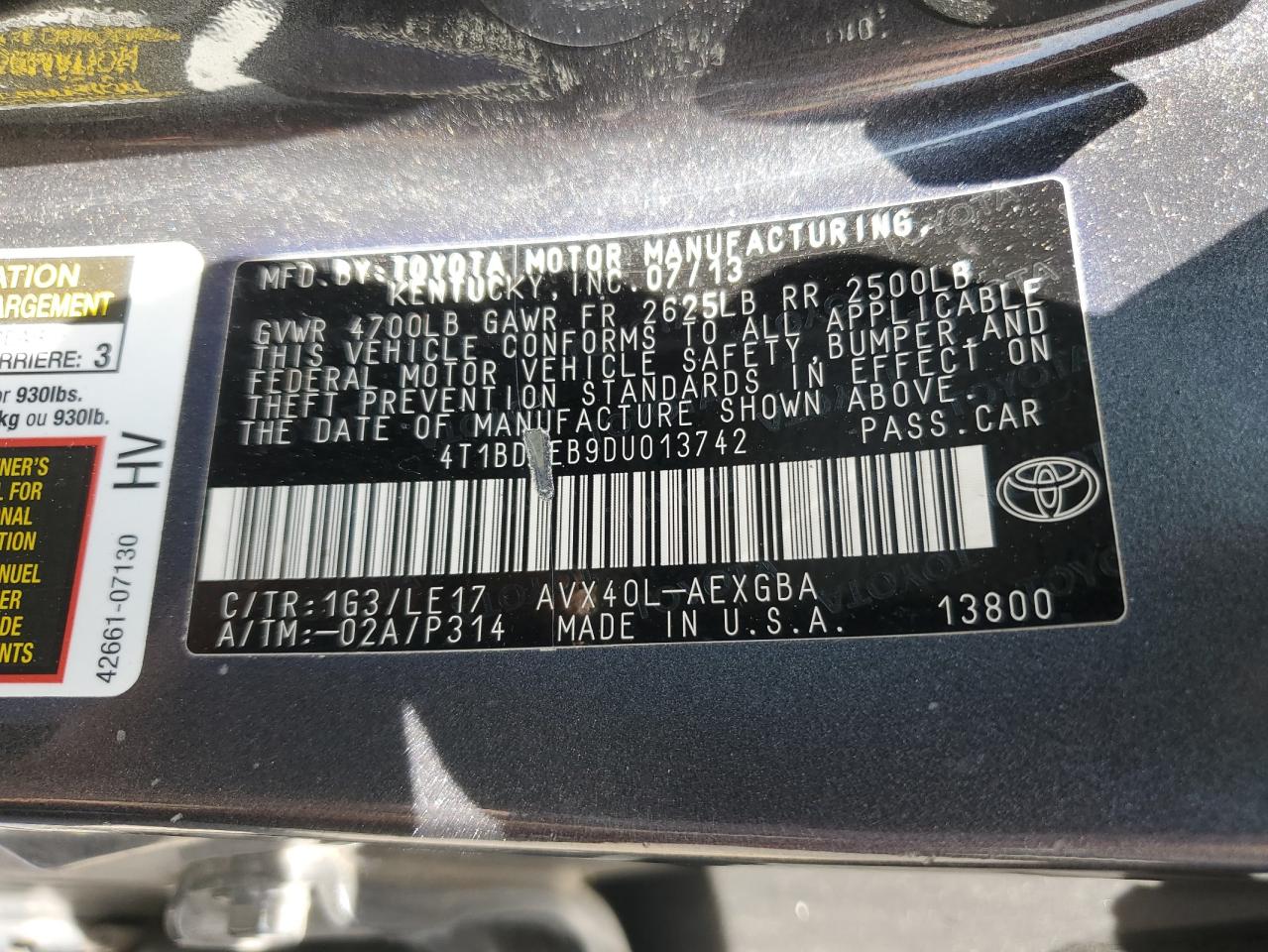 4T1BD1EB9DU013742 2013 Toyota Avalon Hybrid