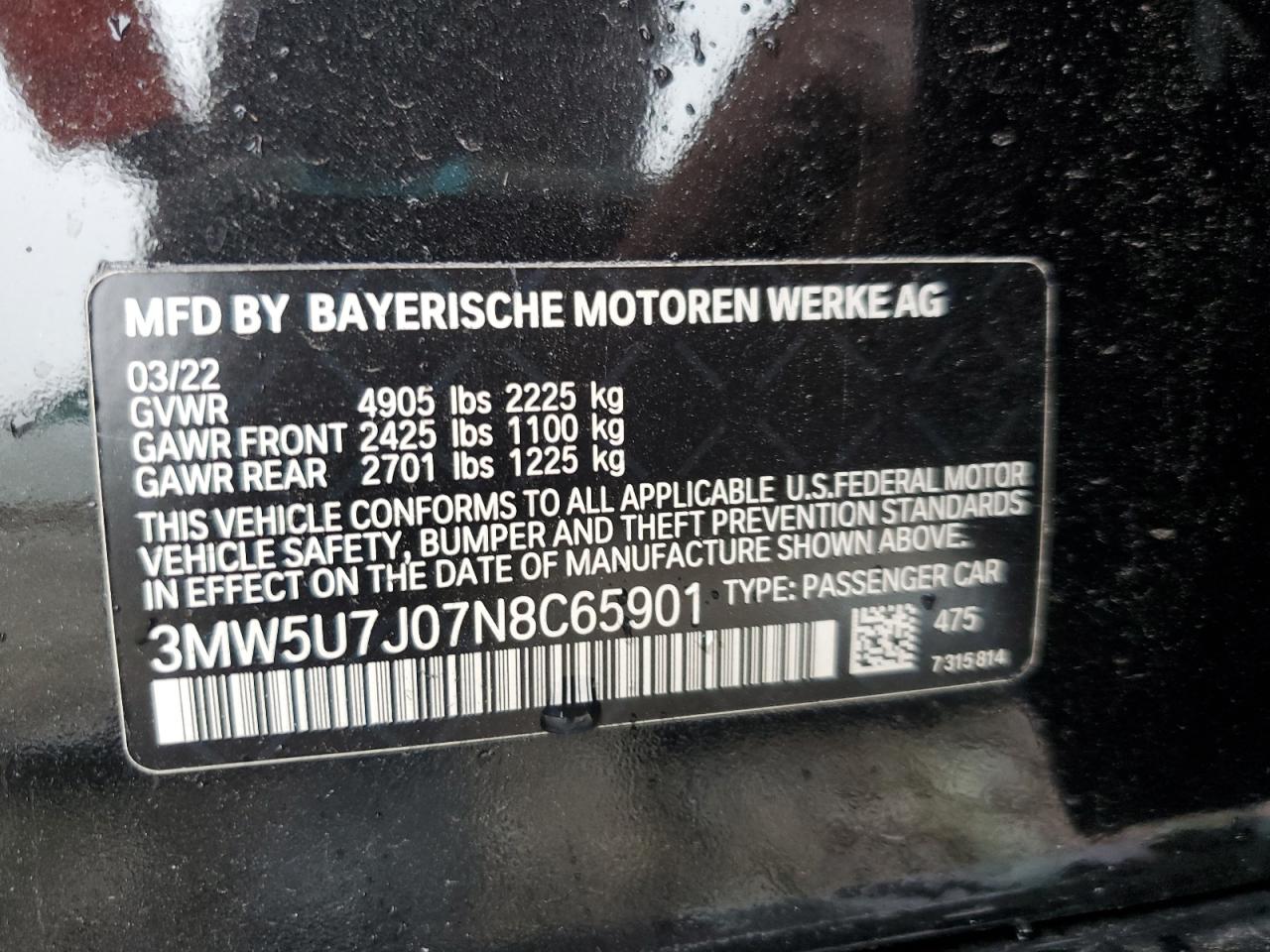 3MW5U7J07N8C65901 2022 BMW M340I