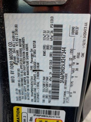 2020 Ford Fusion Se VIN: 3FA6P0HD5LR247344 Lot: 62278214