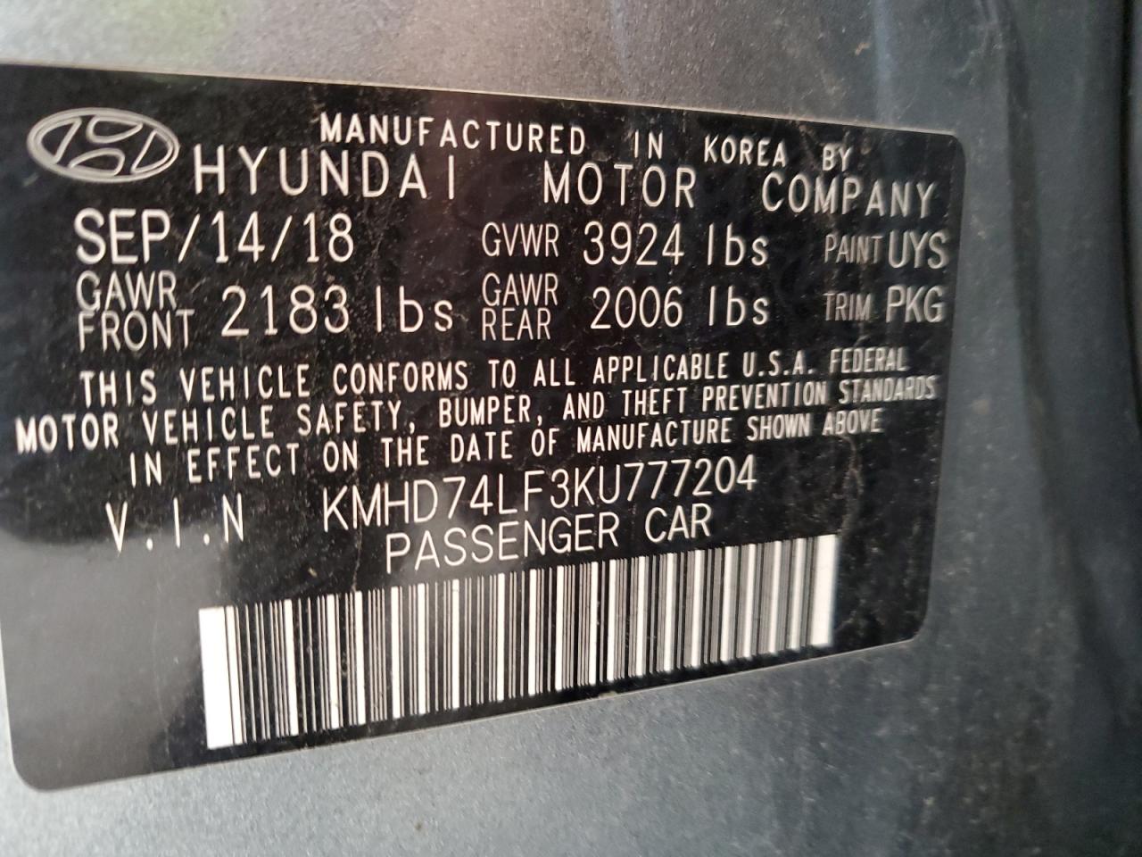 KMHD74LF3KU777204 2019 Hyundai Elantra Se