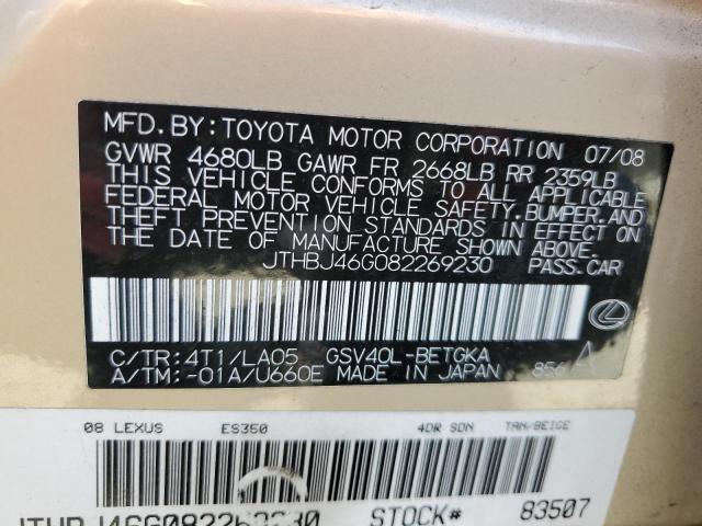 2008 Lexus Es 350 VIN: JTHBJ46G082269230 Lot: 61665194