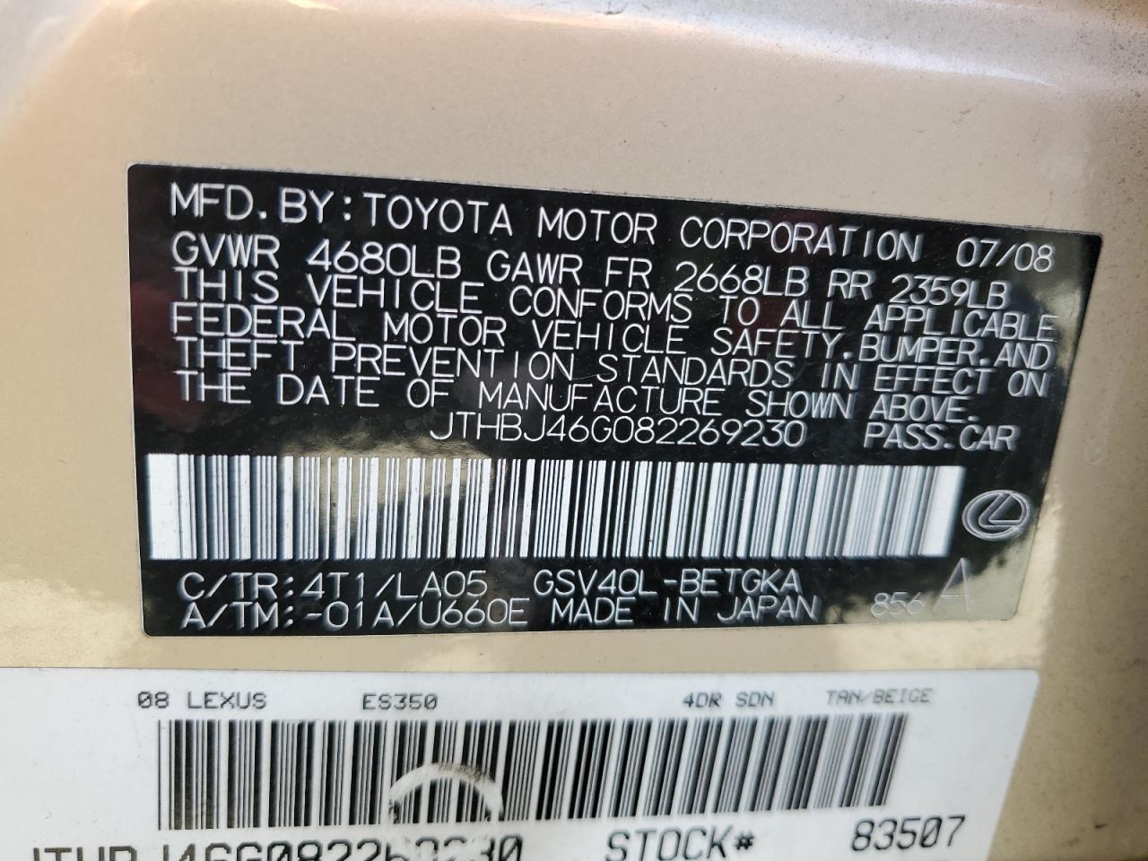 JTHBJ46G082269230 2008 Lexus Es 350