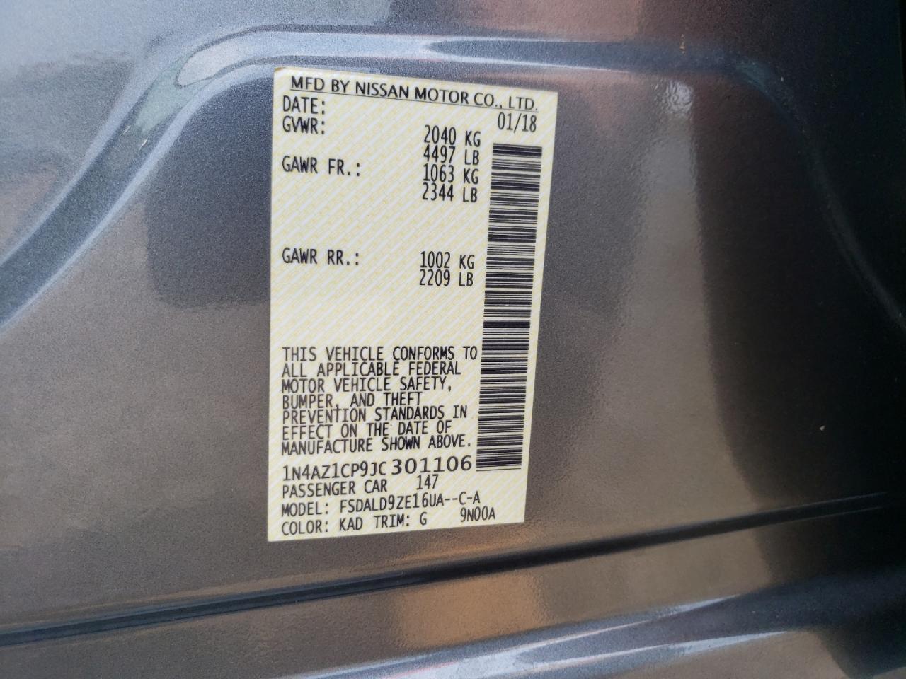 1N4AZ1CP9JC301106 2018 Nissan Leaf S