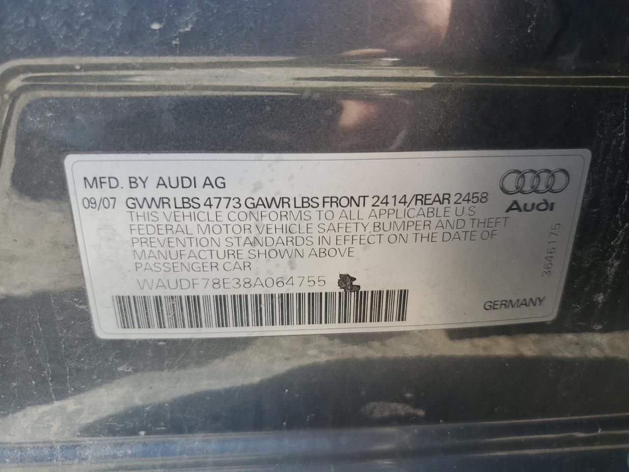 WAUDF78E38A064755 2008 Audi A4 2.0T Quattro
