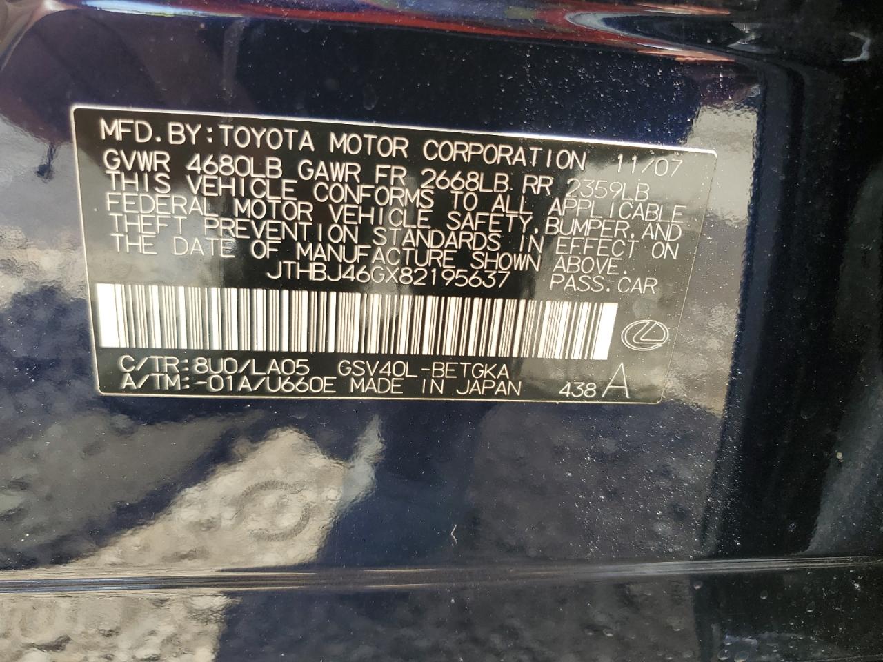 JTHBJ46GX82195637 2008 Lexus Es 350
