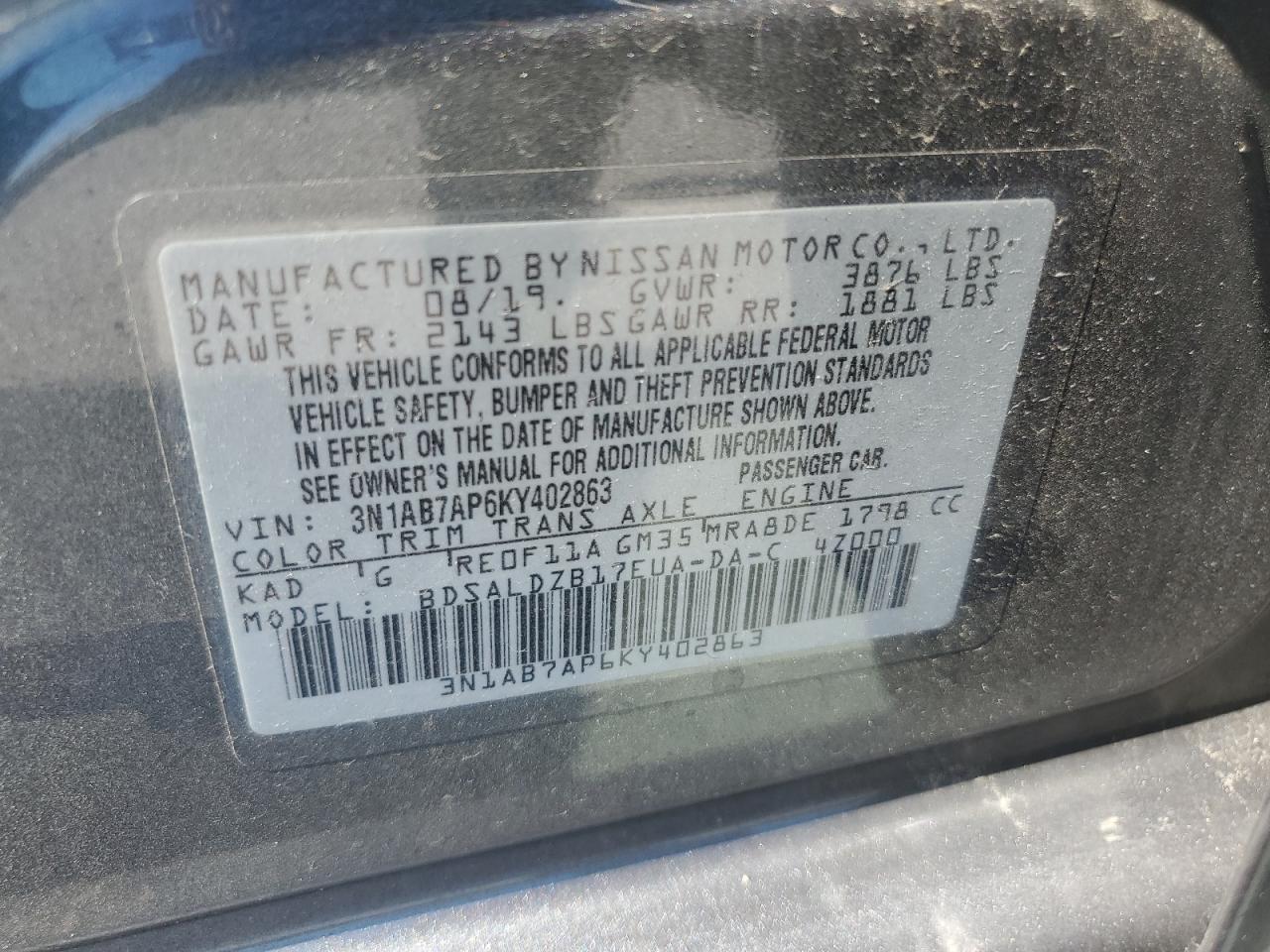 3N1AB7AP6KY402863 2019 Nissan Sentra S