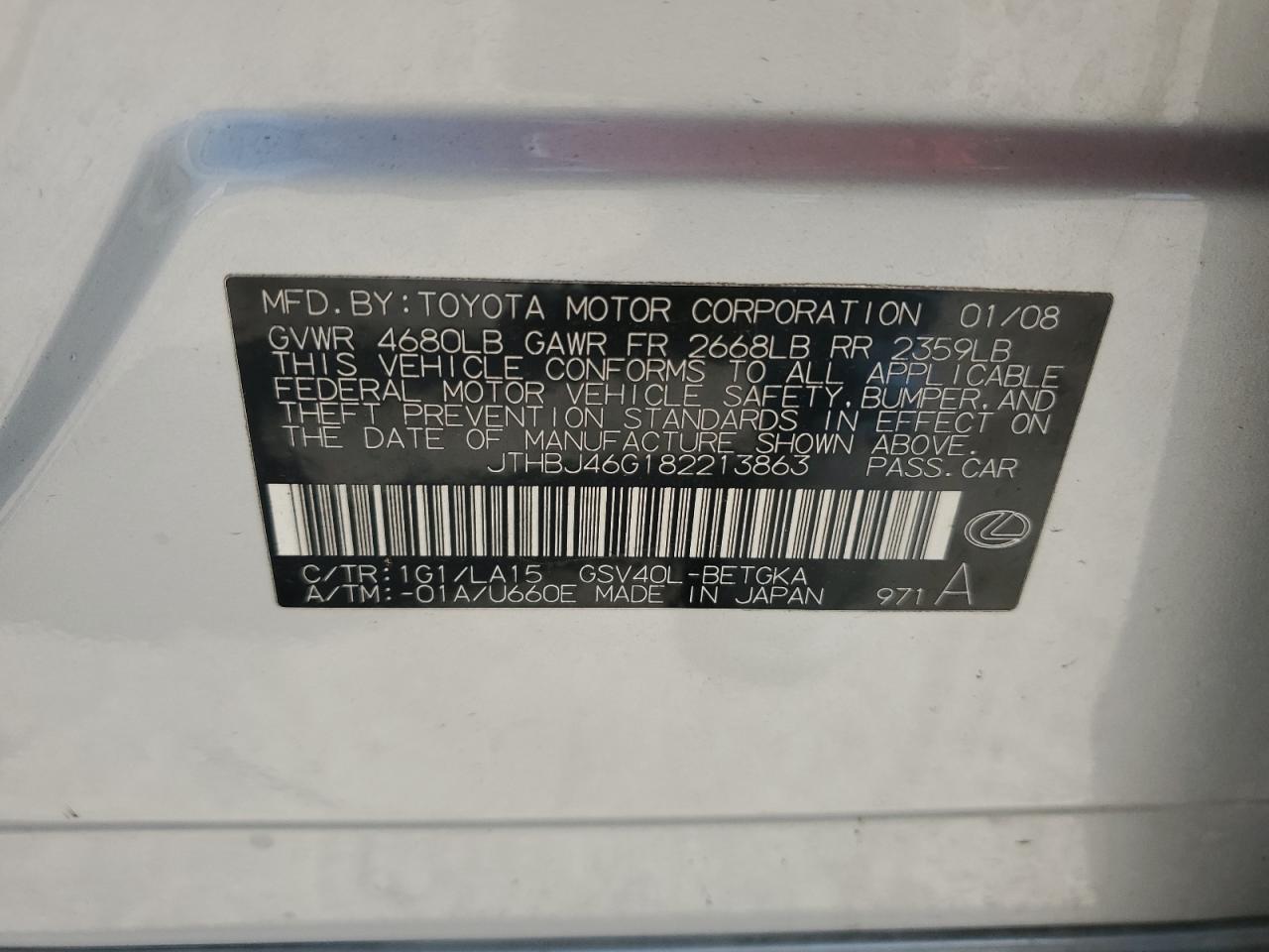 JTHBJ46G182213863 2008 Lexus Es 350