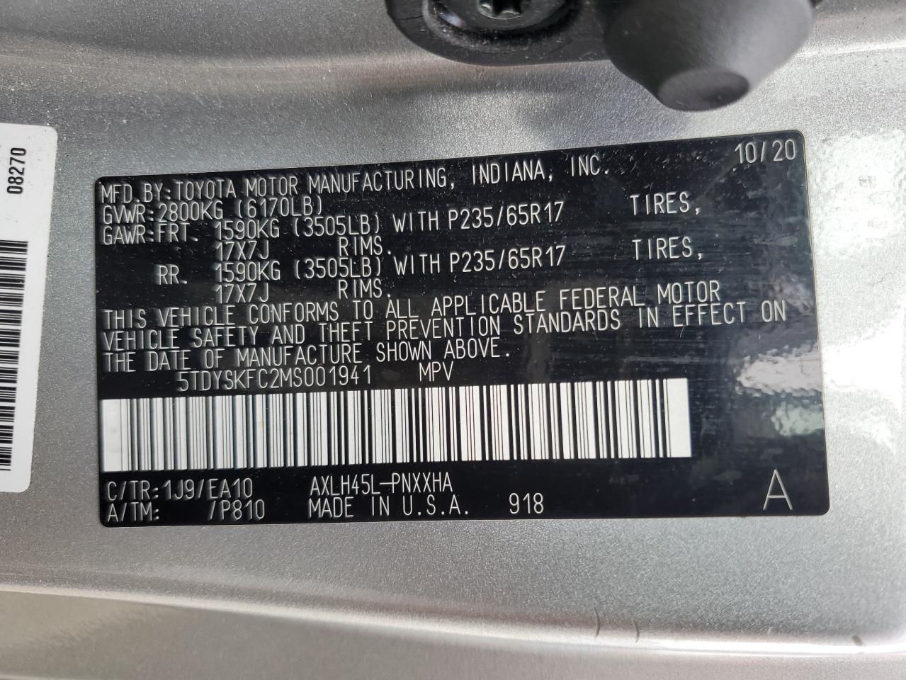 5TDYSKFC2MS001941 2021 Toyota Sienna Xle