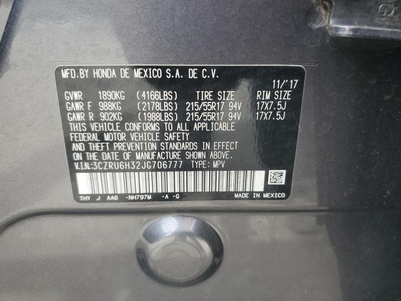 3CZRU6H32JG706777 2018 Honda Hr-V Lx