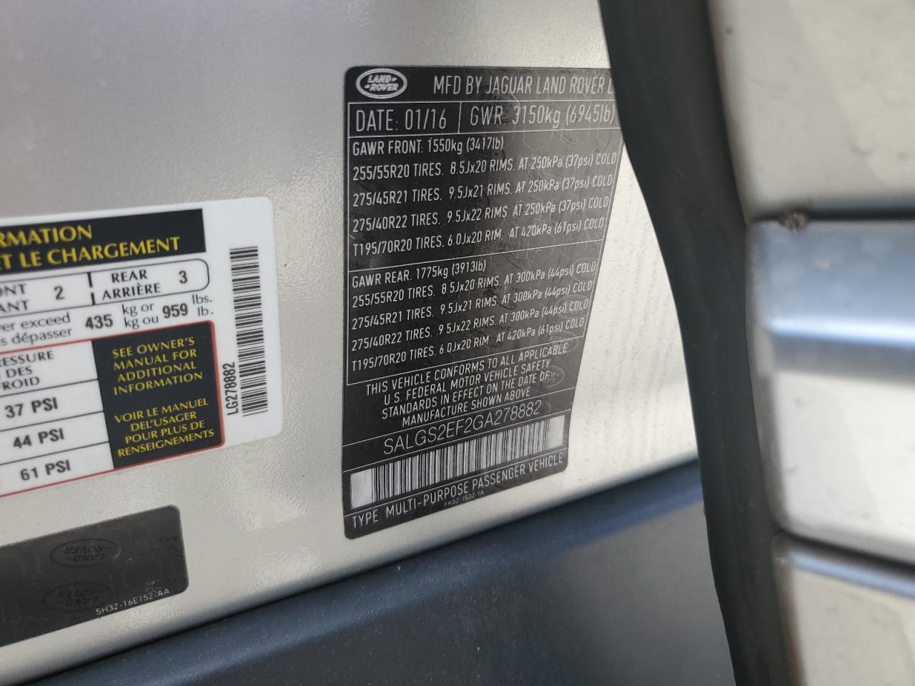 SALGS2EF2GA278882 2016 Land Rover Range Rover Supercharged